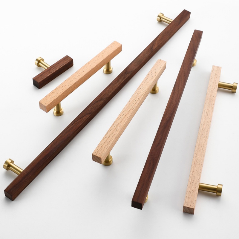 Woodworking In Japanese - 真鍮製ブナ材ウォールナット木製ワードローブドアプル、和風キッチンアクセサリー、食器棚キャビネットプル、クローゼット家具ハンドル