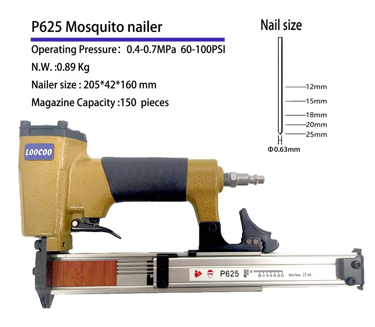 Woodworking Nail Gun - P625 23Ga 空気圧式ピンネイラー、家具、木板、巾木の取り付け用小型マイクロピンネイルガン