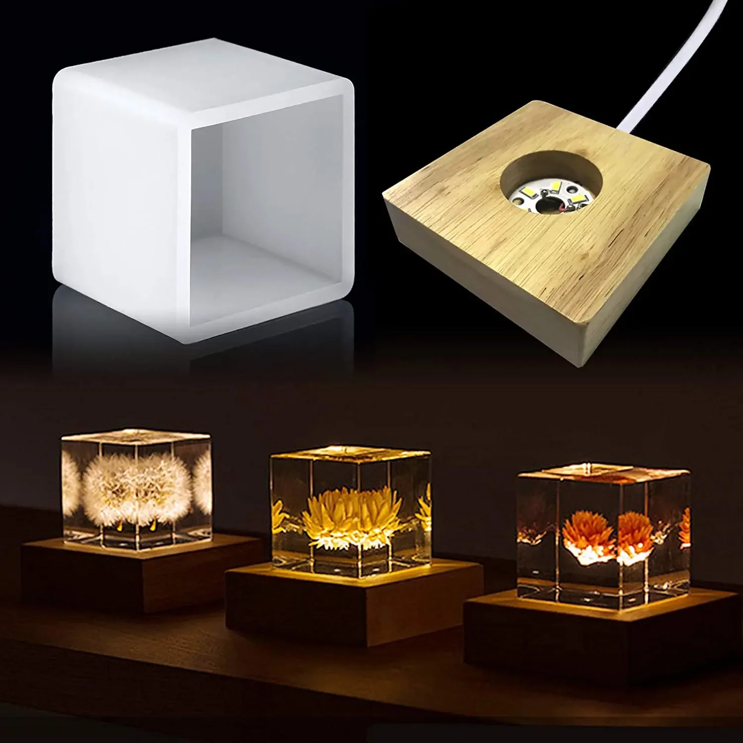 Woodworking Resin - スクエアライト樹脂モールド、樹脂用LEDシリコンモールド、樹脂アート用木製照明ベーススタンド付き樹脂シリコンモールド