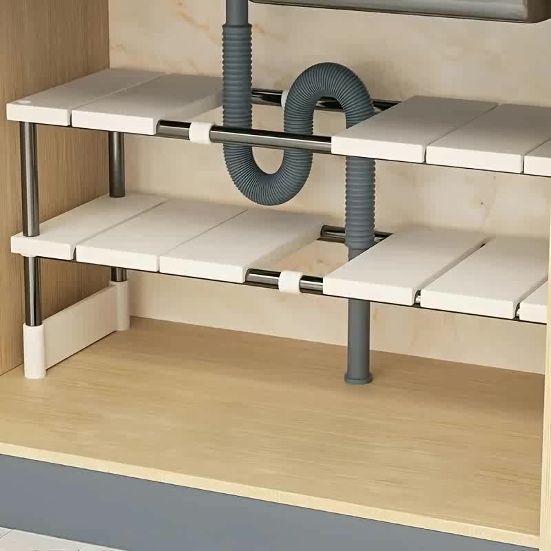 Woodworking Design Software - 調節可能なシンク下収納ラック - ステンレス製多層省スペース収納ラック、キッチンやバスルームのキャビネットに最適、耐久性のある木製ではないデザイン、取り付け簡単、多機能シンク下棚、調理器具や掃除用品に最適、複数の積み重ね可能なユニットで購入可能