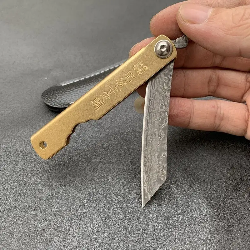 Woodworking In Japanese - ヒゴノカミ日本製ミニポケット折りたたみナイフ VG10 ダマスカス鋼キャンプ狩猟銅ハンドルナイフアウトドアサバイバル EDC ツール