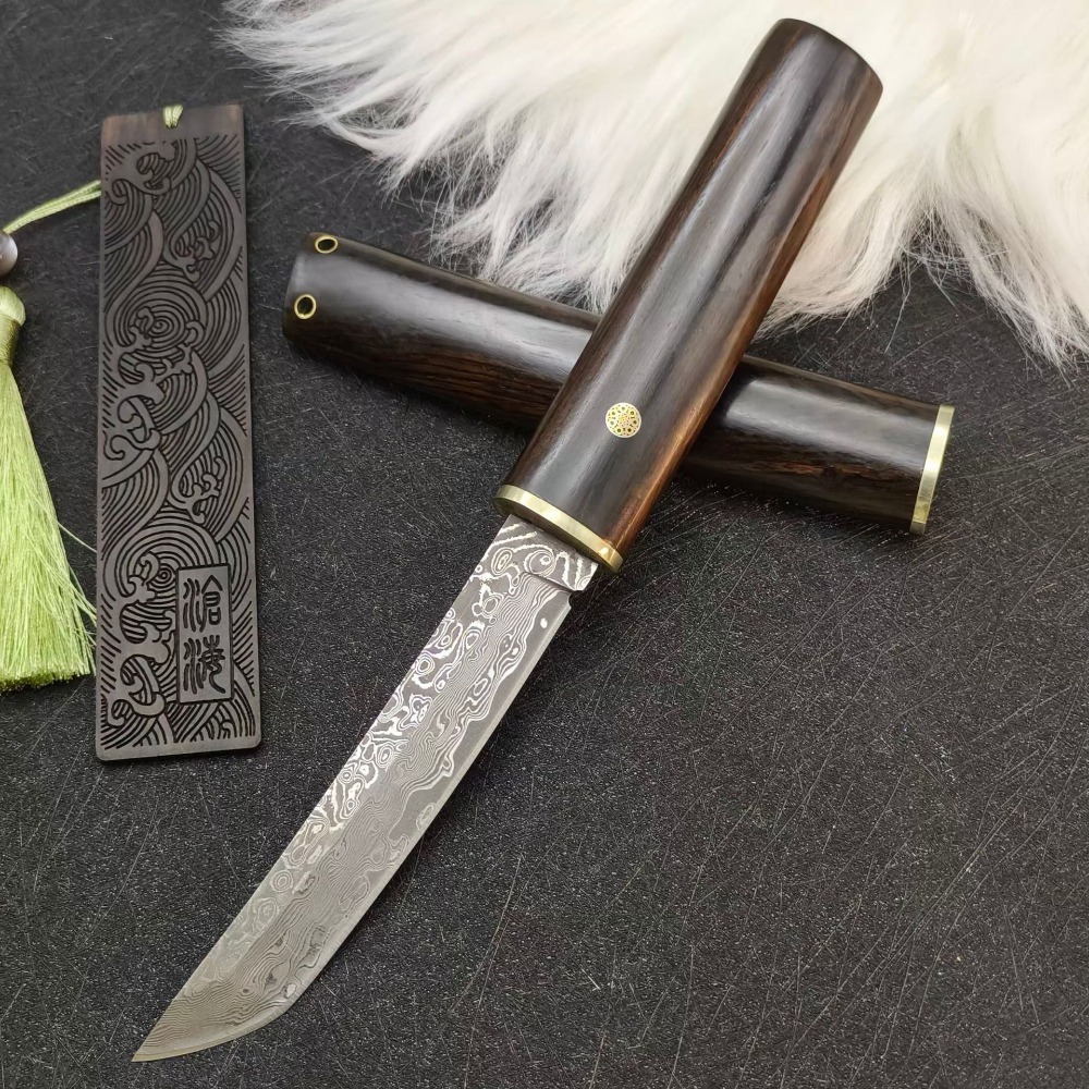 Woodworking In Japanese - 高硬度 VG10 ダマスカスタンブレード黒檀ハンドル固定刃ポケットナイフ日本スタイルキャンプサバイバルユーティリティ EDC ツール